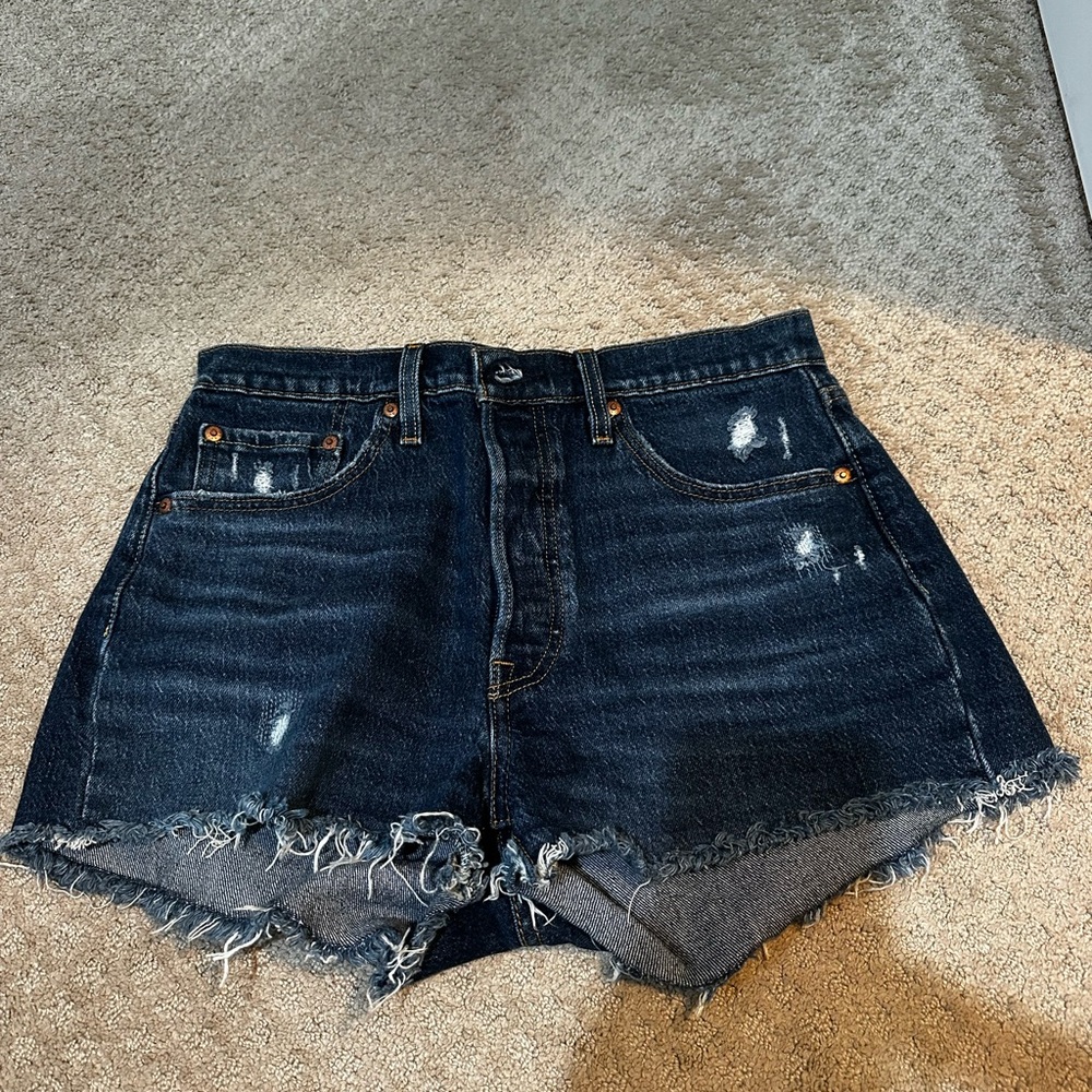 Levis Dark Indigo Distressed Denim Shorts